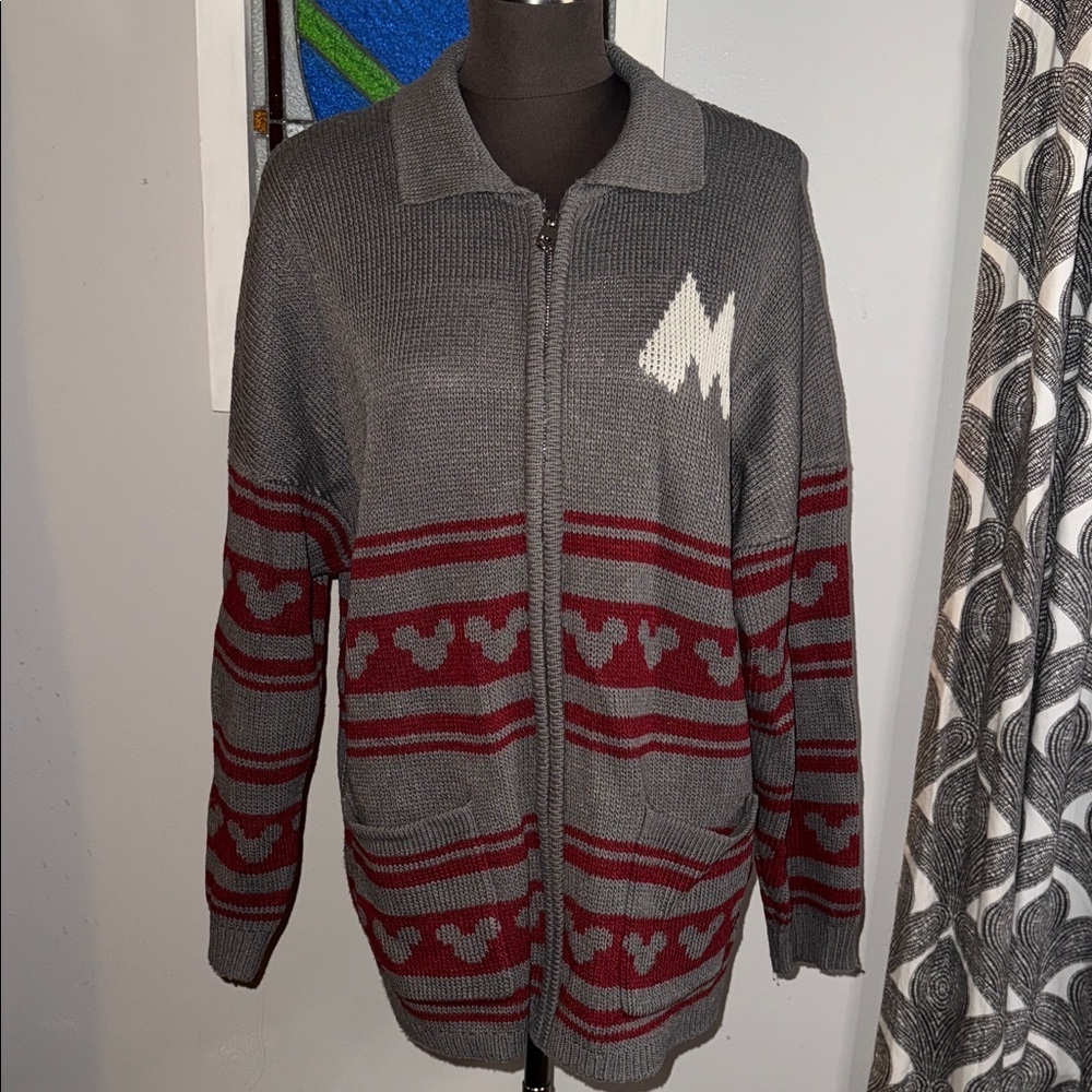 Disney Spirit Jersey Mickey Zip Up Knit Cardigan SZ Small/ Oversized